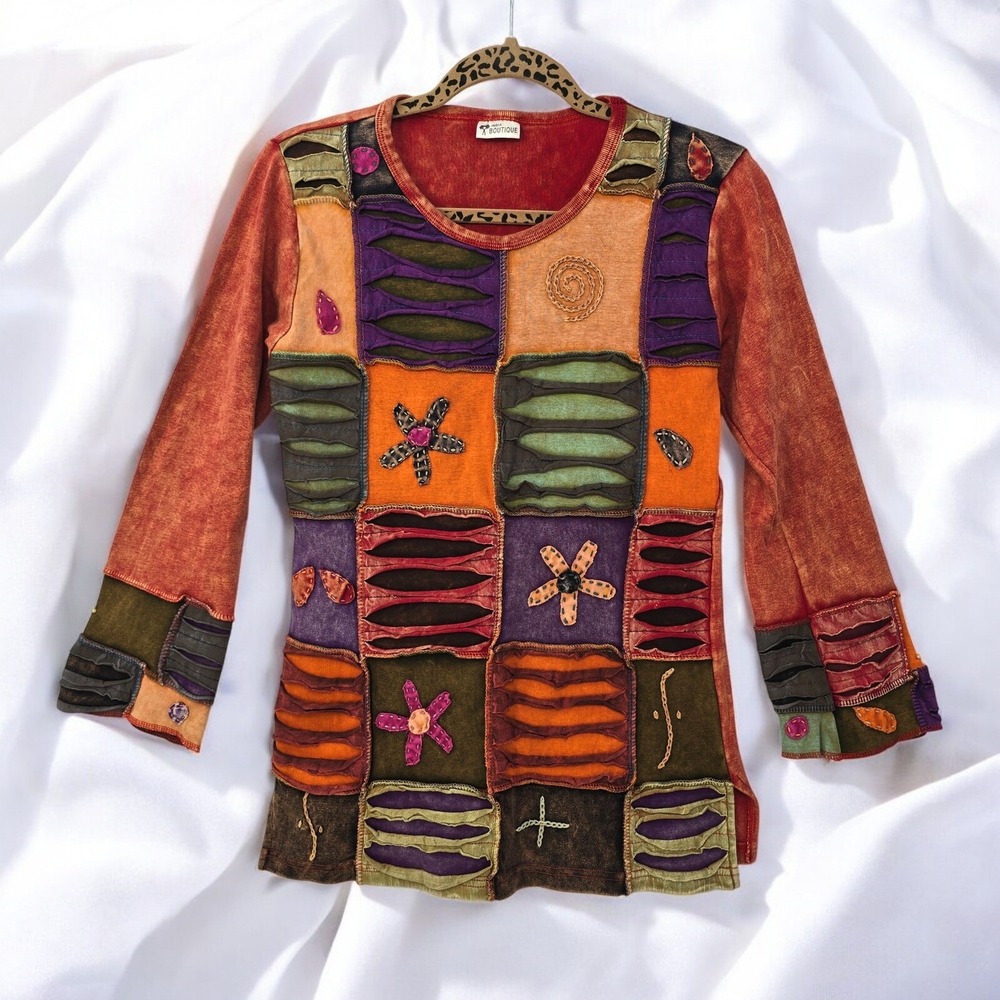 India Boutique Patchwork Top Bohemian Festival Hippie Long‎ Sleeve Woman Small